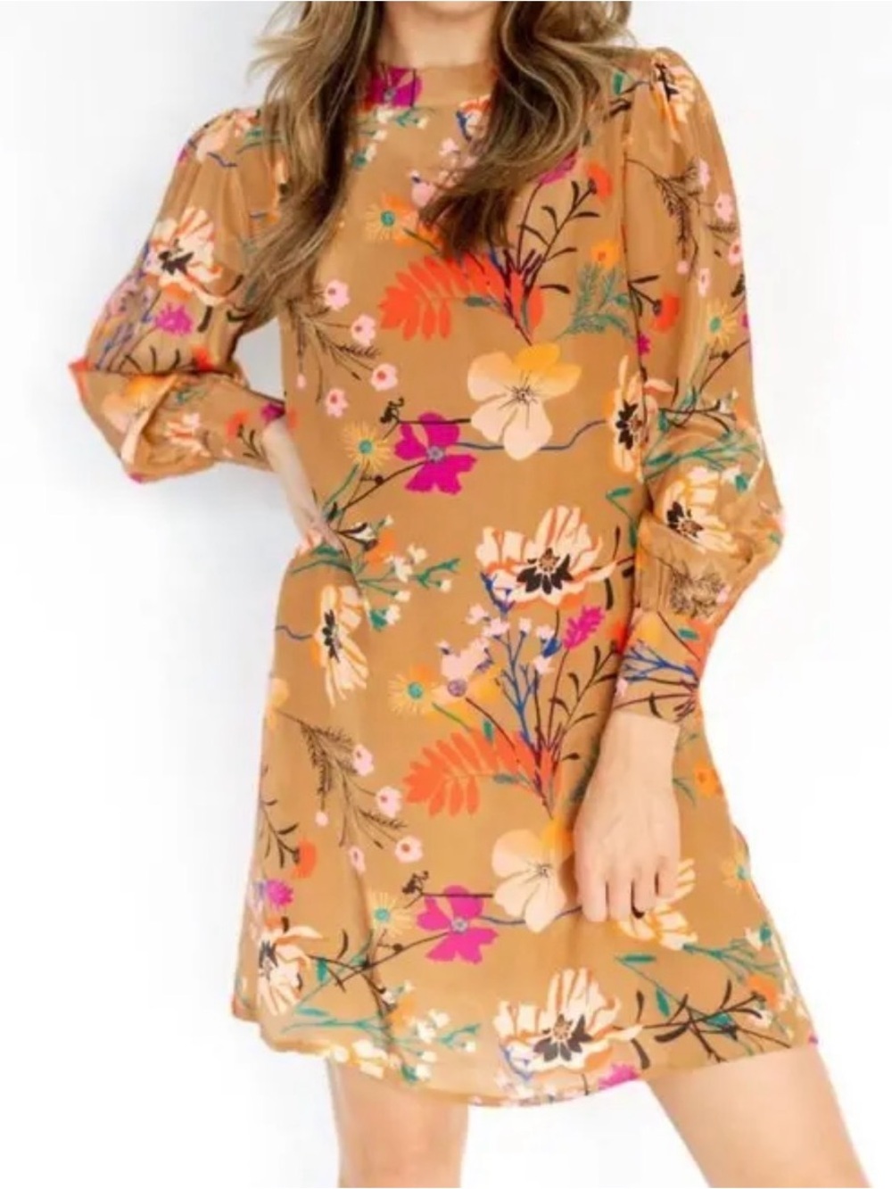 Oliphant Mock Neck Mini Dress Tan Floral Print Long Billowed Sleeves Silky Lined